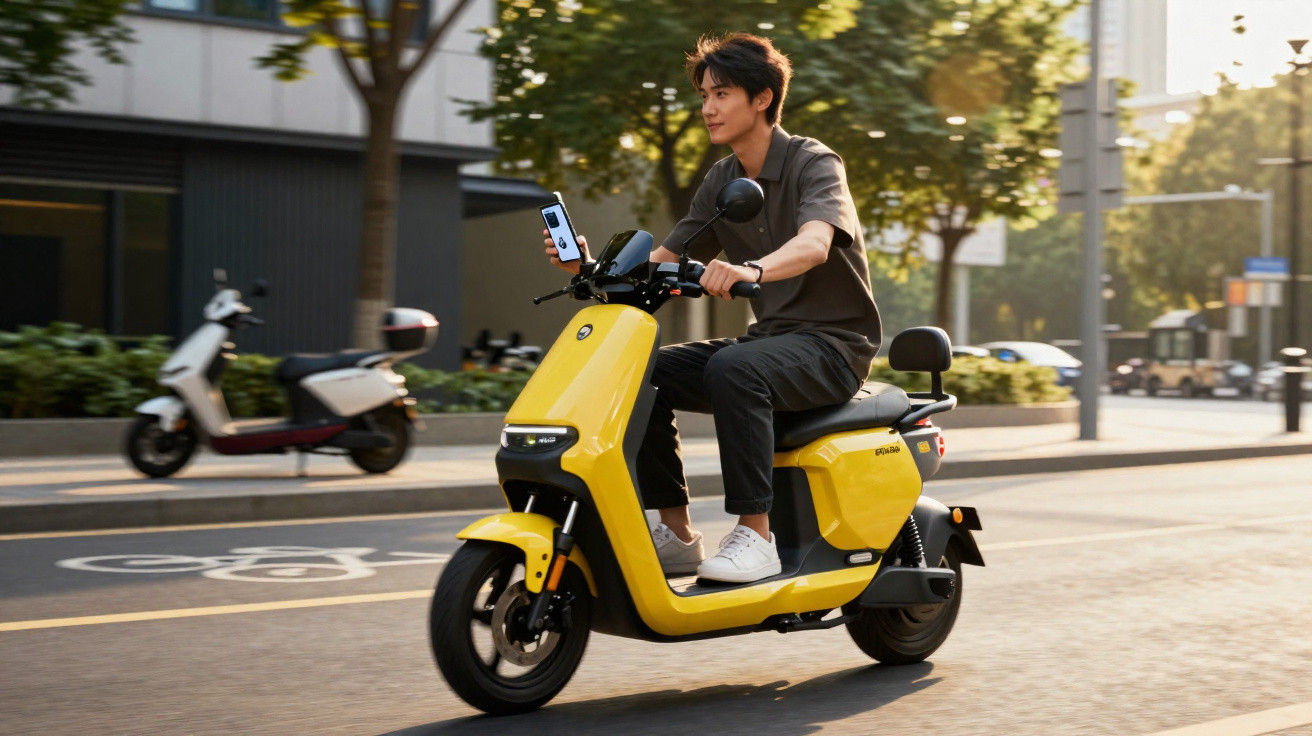 Jovem anda de scooter elétrica amarela segurando smartphone em rua urbana ao entardecer.