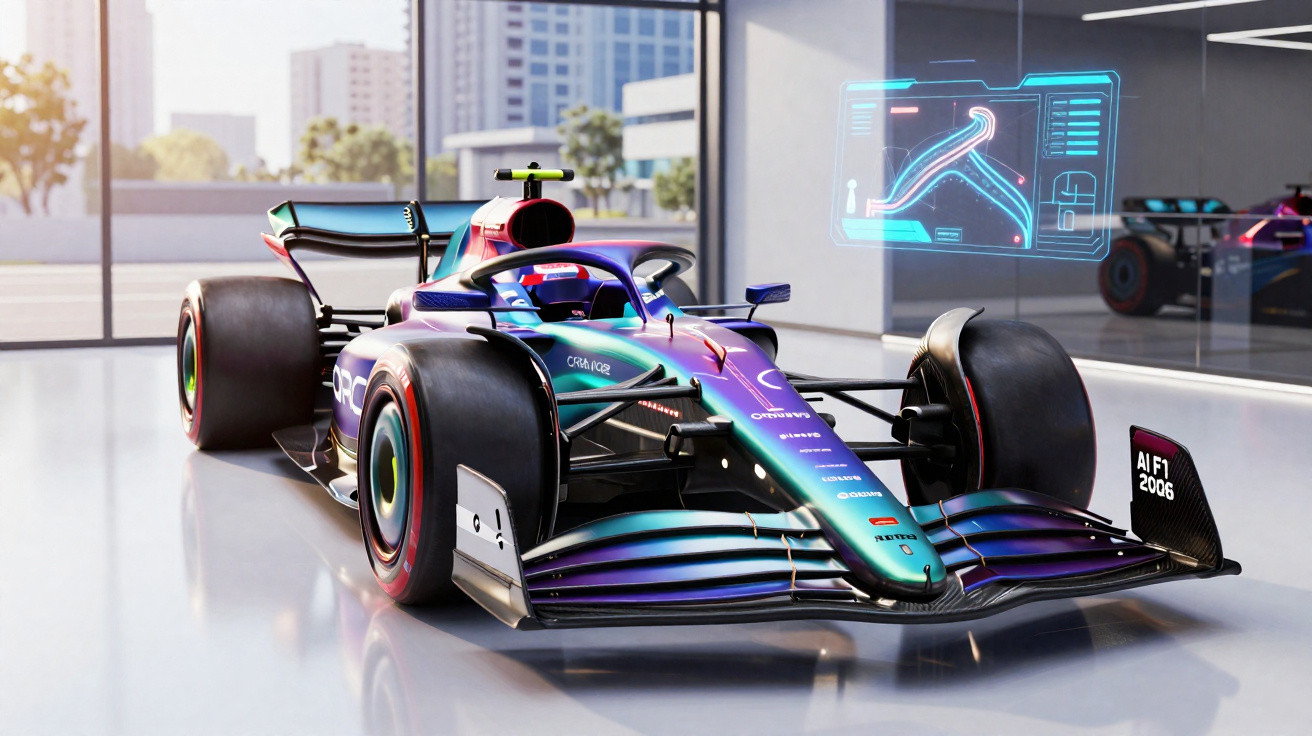 Carro de Fórmula 1 futurista em garagem com holograma de telemetria de corrida na parede.