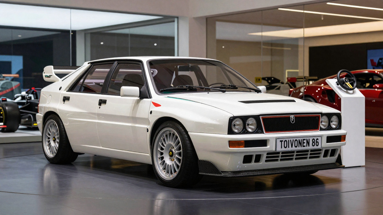 Carro esportivo branco Lancia Delta Integrale estacionado em exposição interna com espelhos.