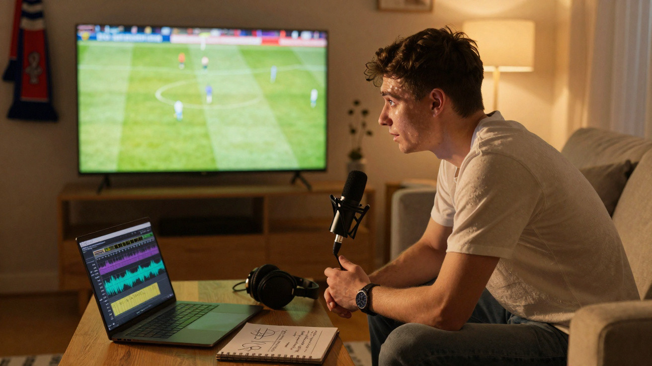Jovem sentado no sofá com microfone, notebook e TV mostrando jogo de futebol ao fundo à noite.