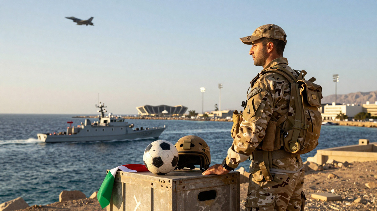 Soldado em uniforme camuflado observa mar com navio e avião ao fundo, com bola de futebol e capacete à frente.