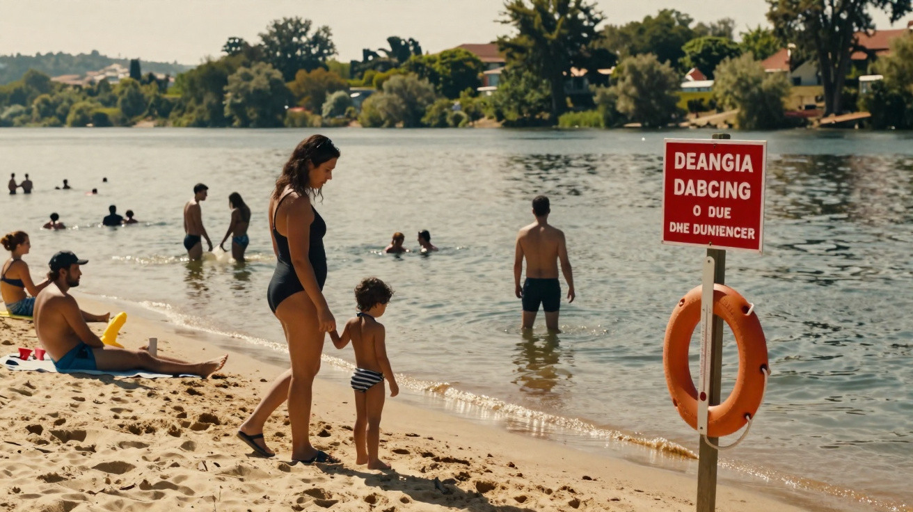 Pessoa adulta e criança de mãos dadas na praia de rio com várias pessoas na água e placa de segurança.