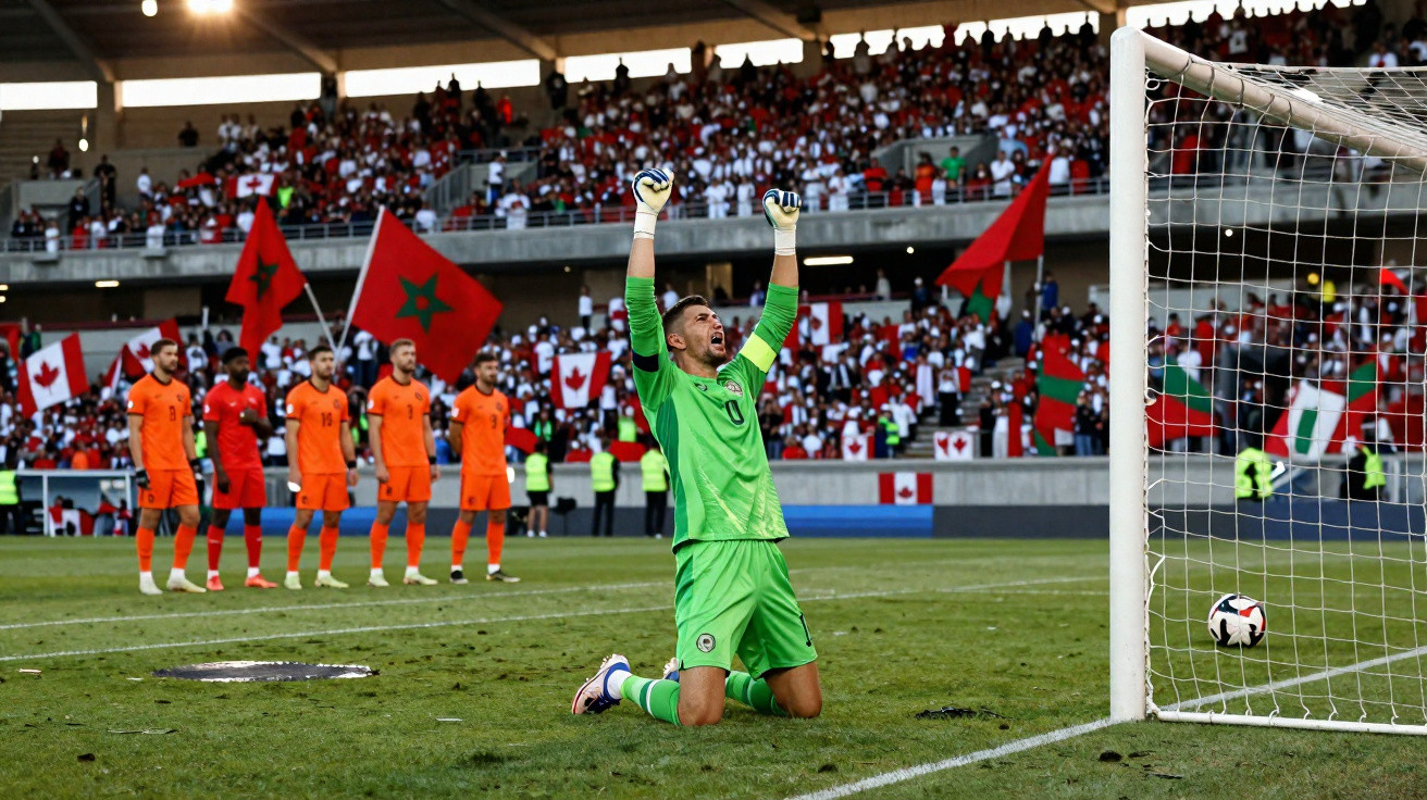 Goleiro brasileiro celebra de joelhos após defesa em partida de futebol com público e bandeiras no estádio.