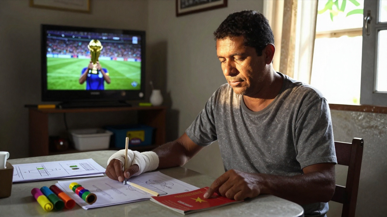 Homem com a mão enfaixada fazendo exercícios de alfabetização em casa com TV ligada ao fundo.