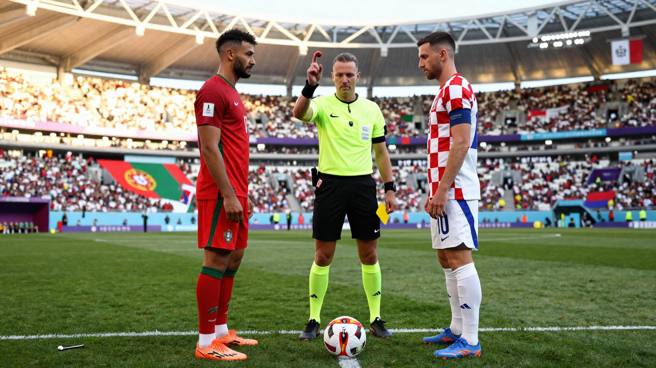 Árbitro mostrando cartão vermelho entre jogadores de Portugal e Croácia antes de partida em estádio cheio.