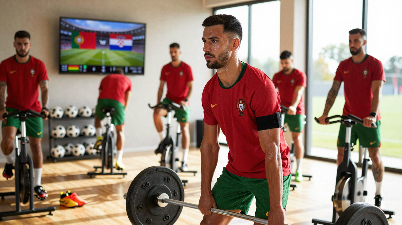 Atletas da seleção de Portugal treinando em academia, um levanta peso e outros usam bicicletas ergométricas.