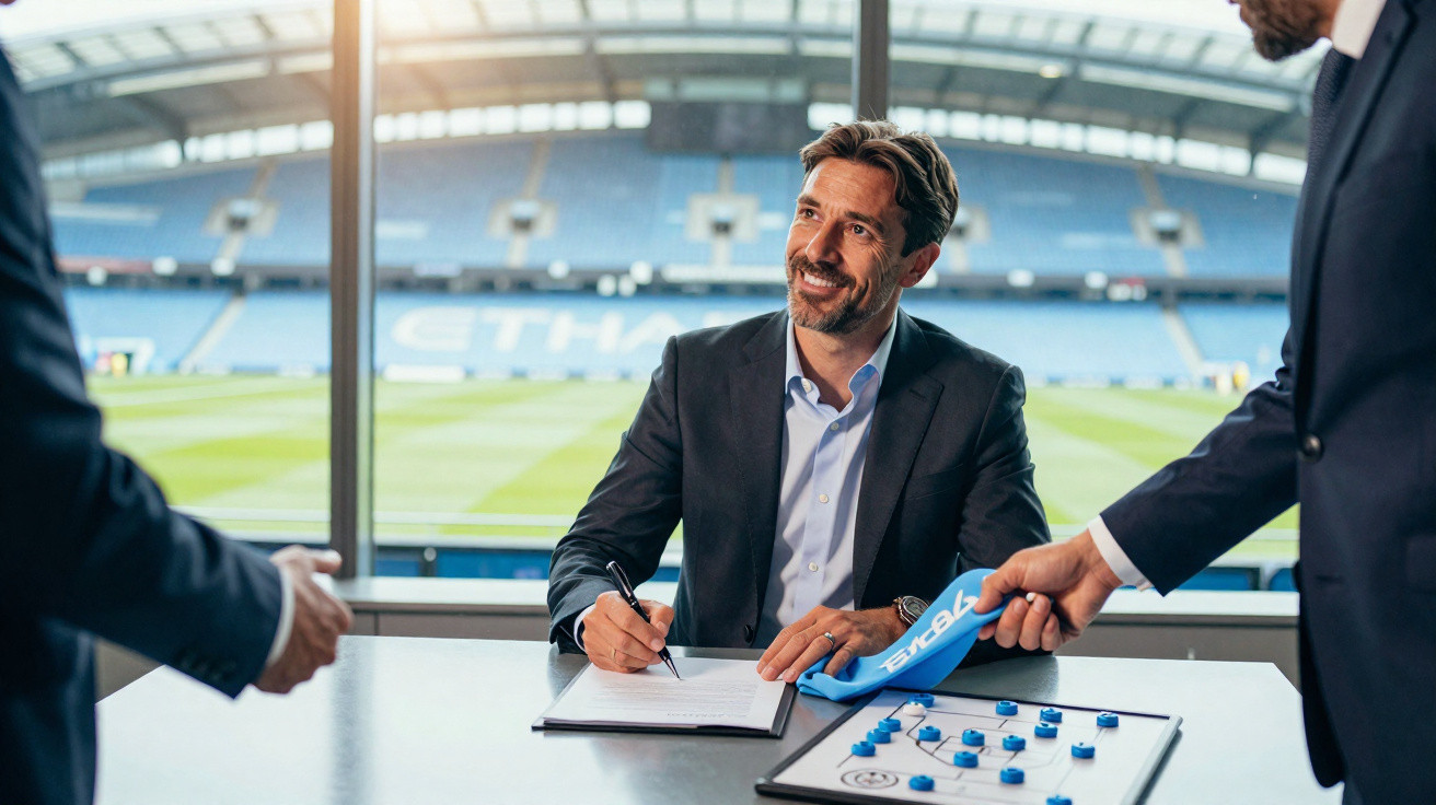 Homem vestido formalmente sorrindo enquanto assina contrato em sala com vista para campo de futebol vazio.