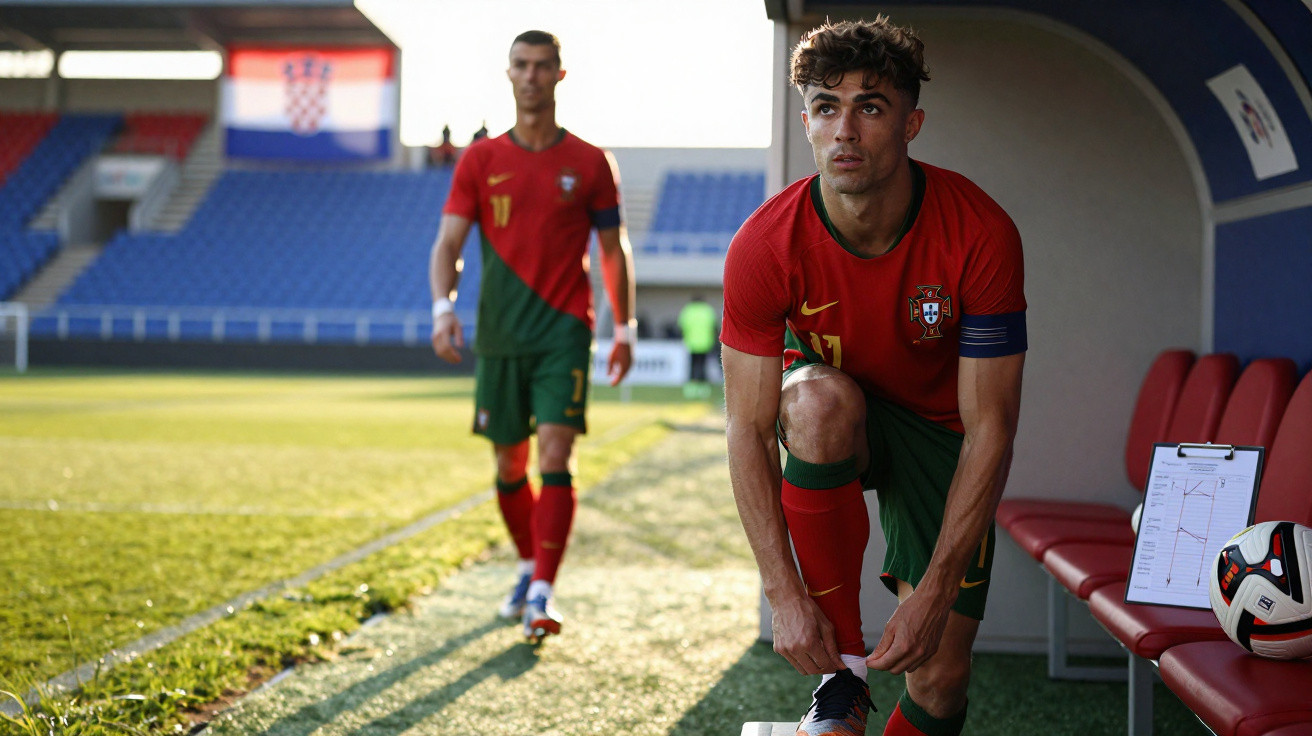 Jogadores de futebol de Portugal no banco do estádio, um amarrando chuteira e outro caminhando no campo.