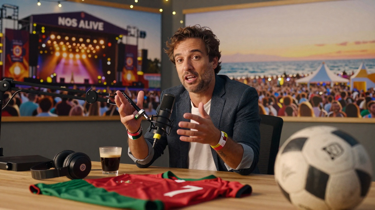 Homem falando em podcast com microfone, camisa de futebol, copo e bola em mesa, com fundo de festa ao ar livre.