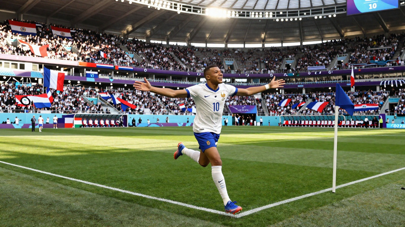 Jogador de futebol comemora gol próximo à bandeirinha em estádio lotado com torcedores.