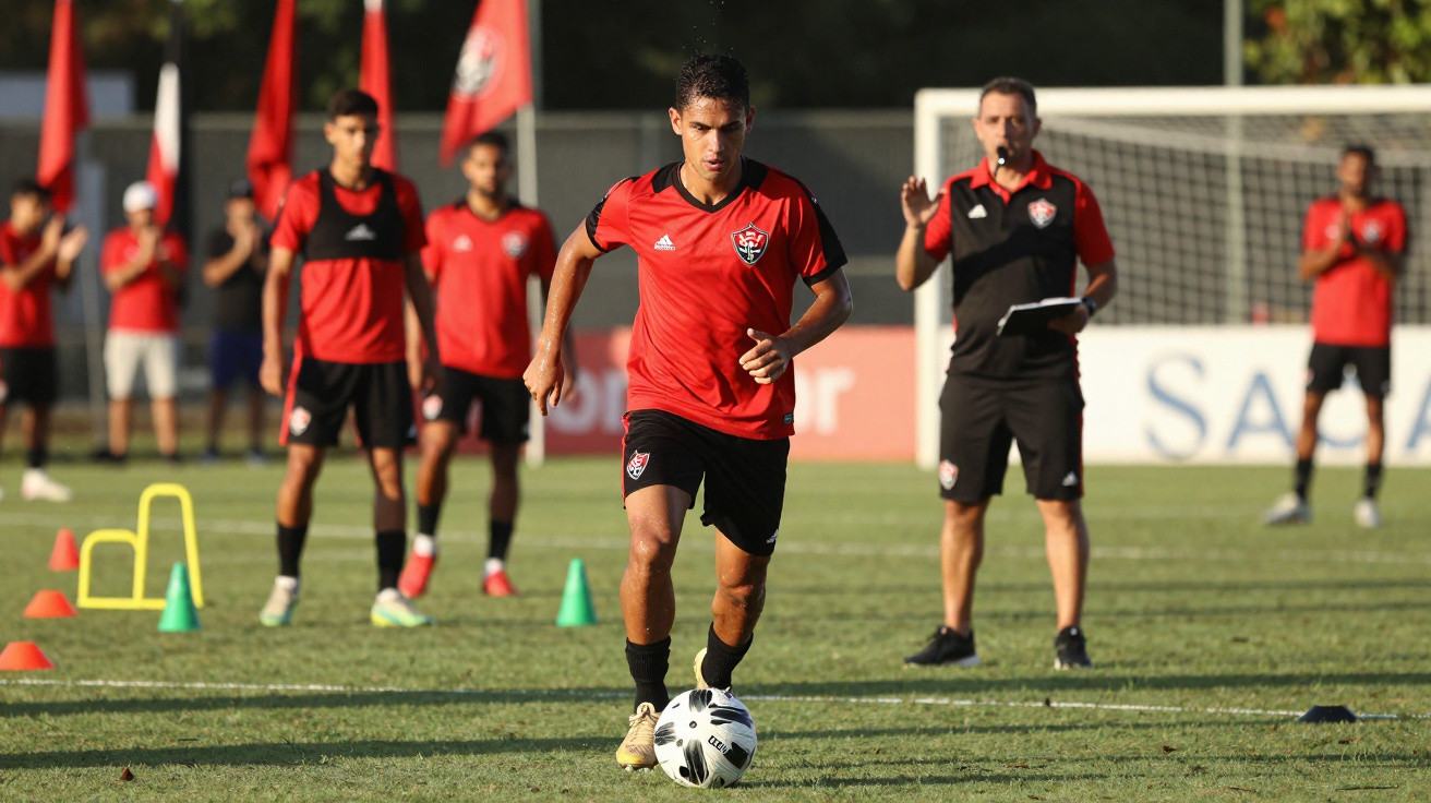 Jogador de futebol com a bola em treino, cercado por companheiros e treinador no gramado.