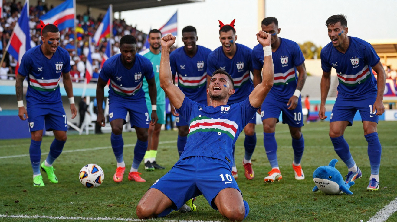 Jogadores de futebol em campo comemorando gol, com rosto pintado e bandeiras ao fundo.