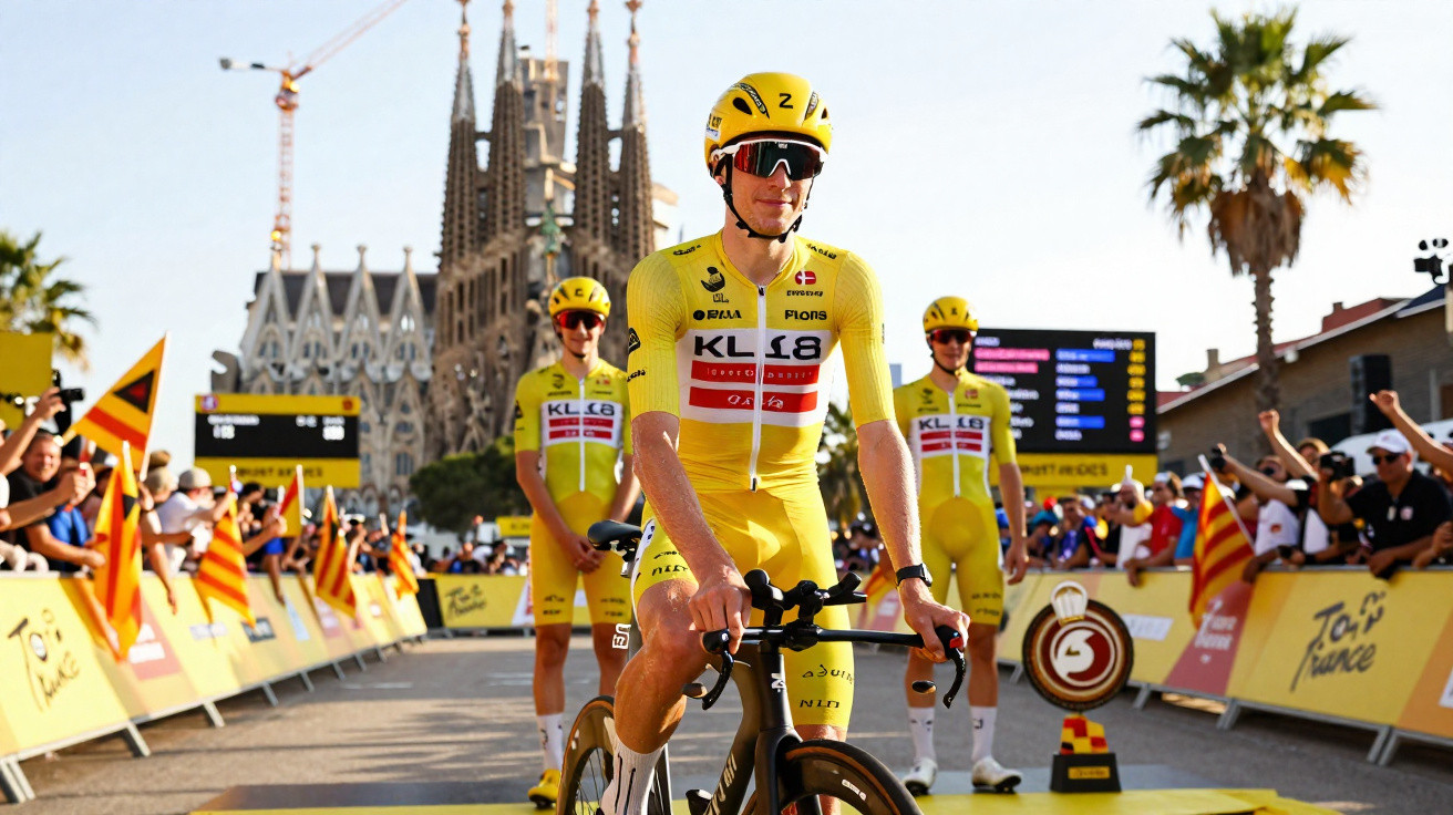 Ciclistas do Team Jumbo-Visma com uniforme amarelo posam em frente à Sagrada Família durante prova de ciclismo.