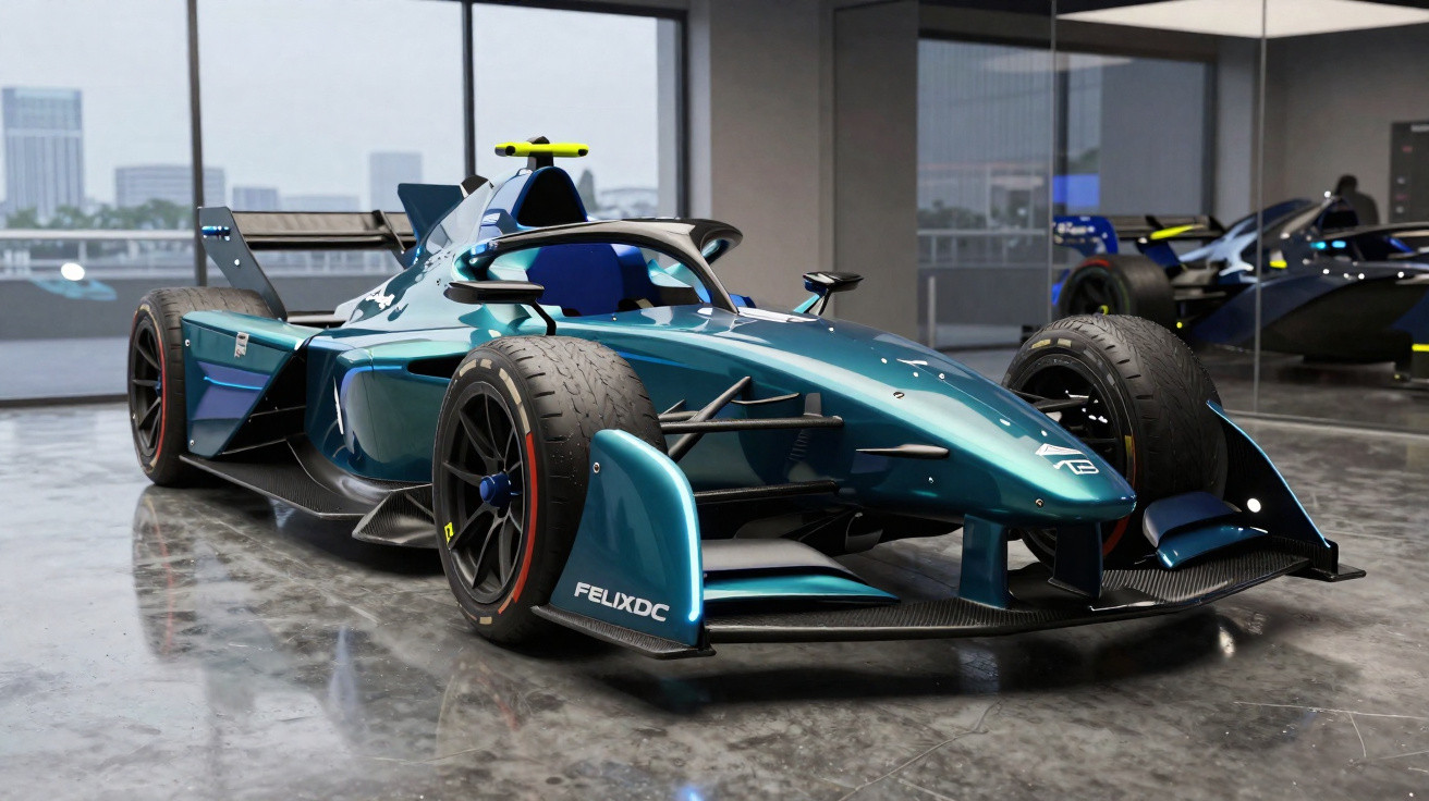 Carro de corrida fórmula elétrica azul com detalhes pretos em ambiente interno com janelas grandes.