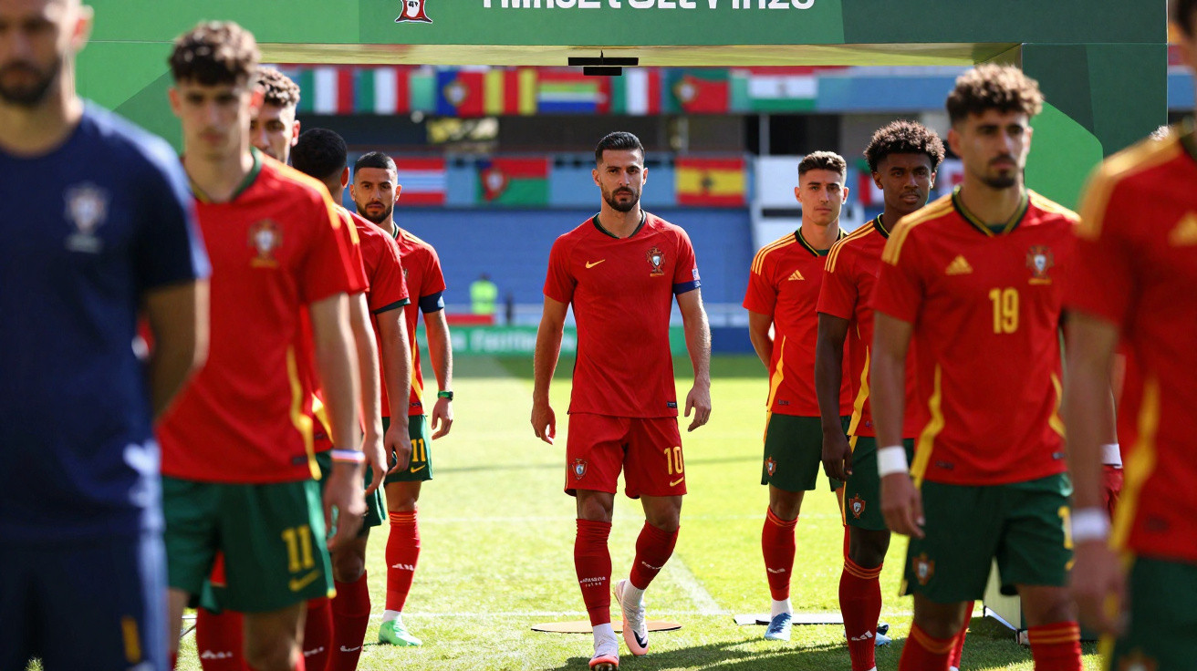 Jogadores de futebol de Portugal em fila entrando em campo antes do jogo.