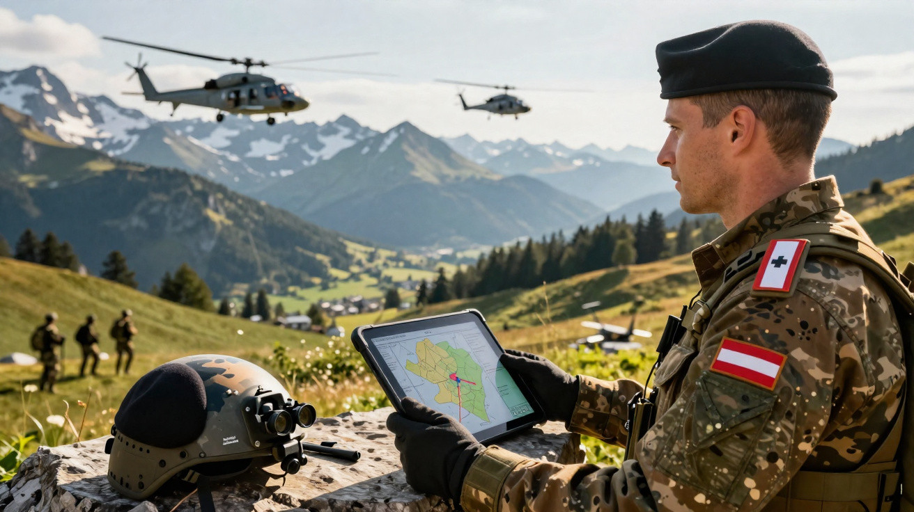 Militar usando tablet com mapa em área montanhosa, helicópteros voando e soldados ao fundo.