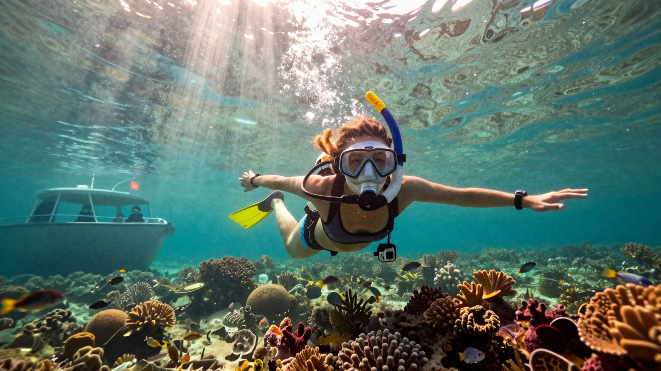 Pessoa mergulhando com snorkel em recife de corais coloridos sob luz do sol e barco ao fundo.