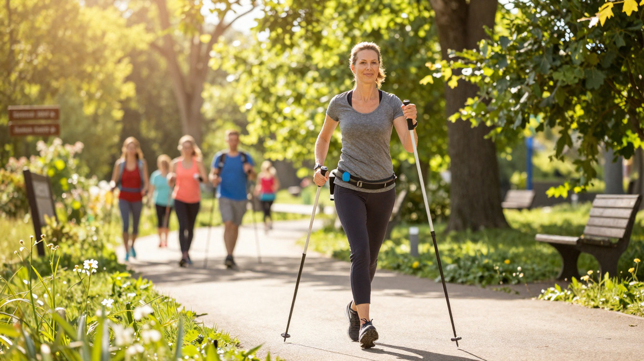 Mulher caminhando com bastões de caminhada em parque ensolarado, com pessoas ao fundo.