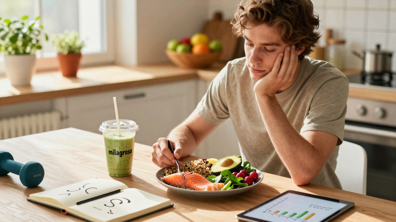 Jovem sentado à mesa na cozinha, com prato saudável, smoothie verde, anotações e tablet à sua frente.