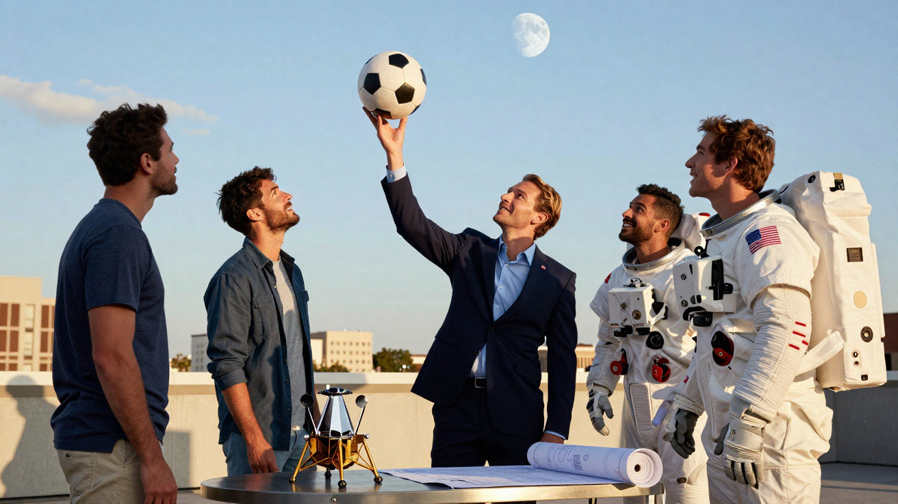 Cinco homens observam bola de futebol sendo segurada por um homem de terno, com dois em trajes de astronauta.