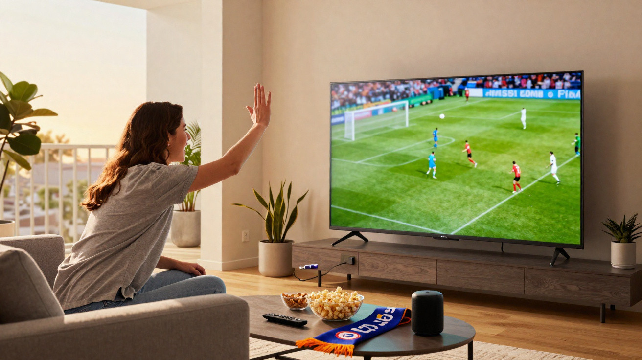 Mulher sentada em sofá assistindo jogo de futebol na TV, acenando com a mão em sala iluminada.