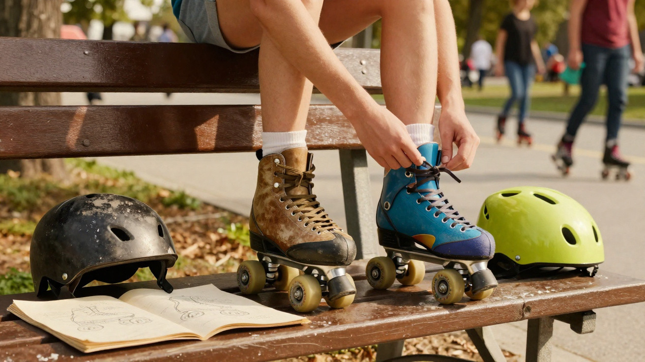Pessoa amarrando cadarço do patins azul sentada em banco de parque com capacetes e caderno de desenho.