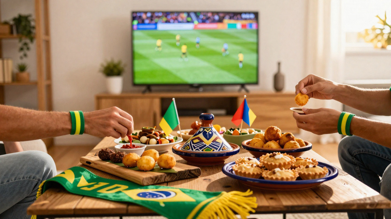 Torcedores com pulseiras do Brasil assistindo jogo de futebol e comendo salgadinhos à mesa.