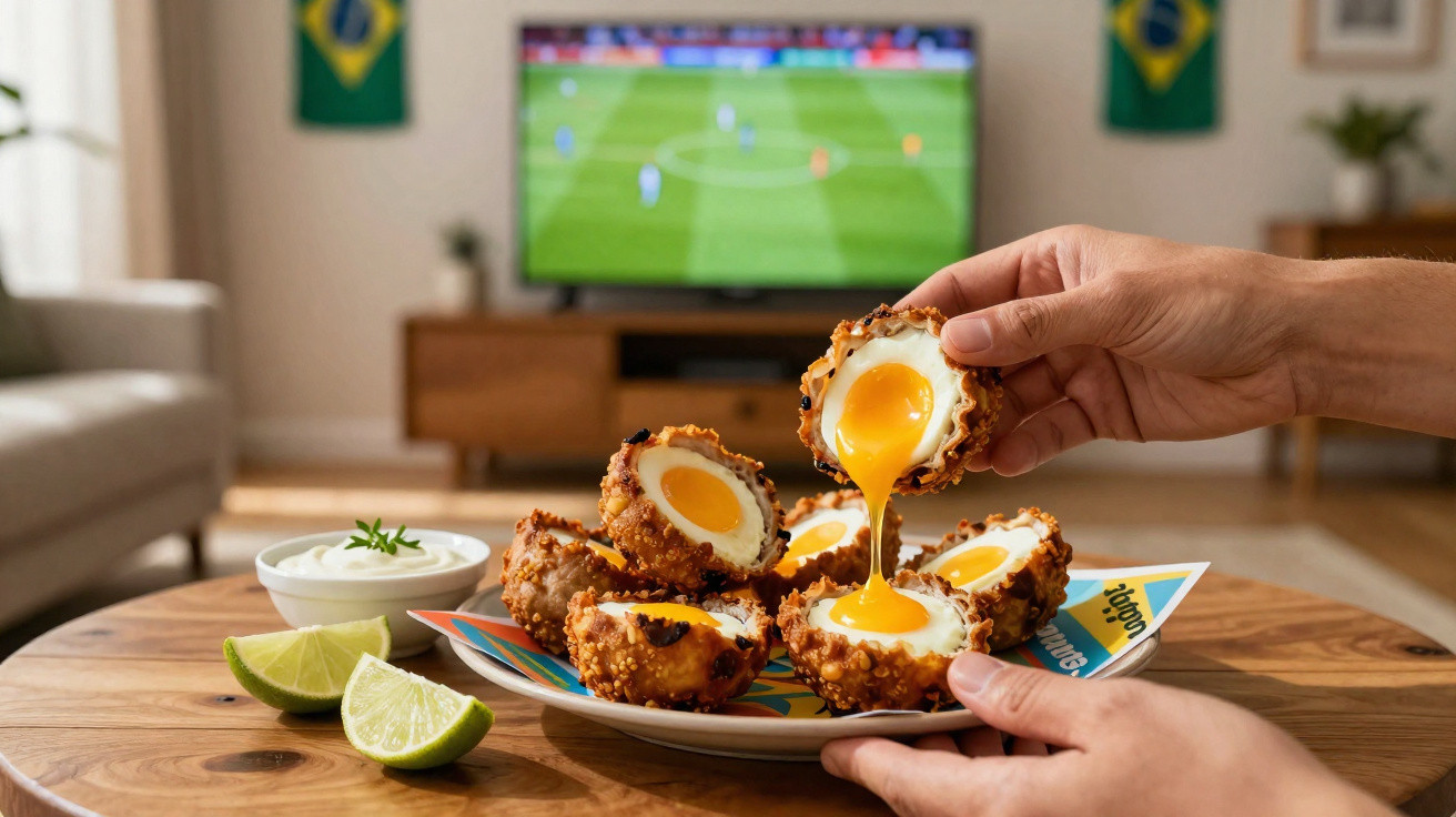 Pessoa segurando ovo frito empanado aberto com gema cremosa, ao fundo televisão mostrando jogo de futebol.