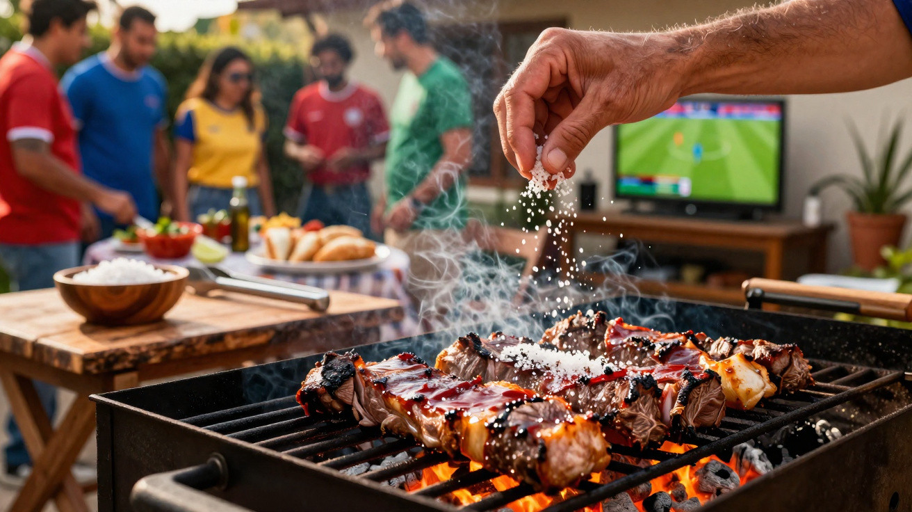 Churrasco com espetos de carne sendo temperados e grupo de amigos conversando ao fundo.