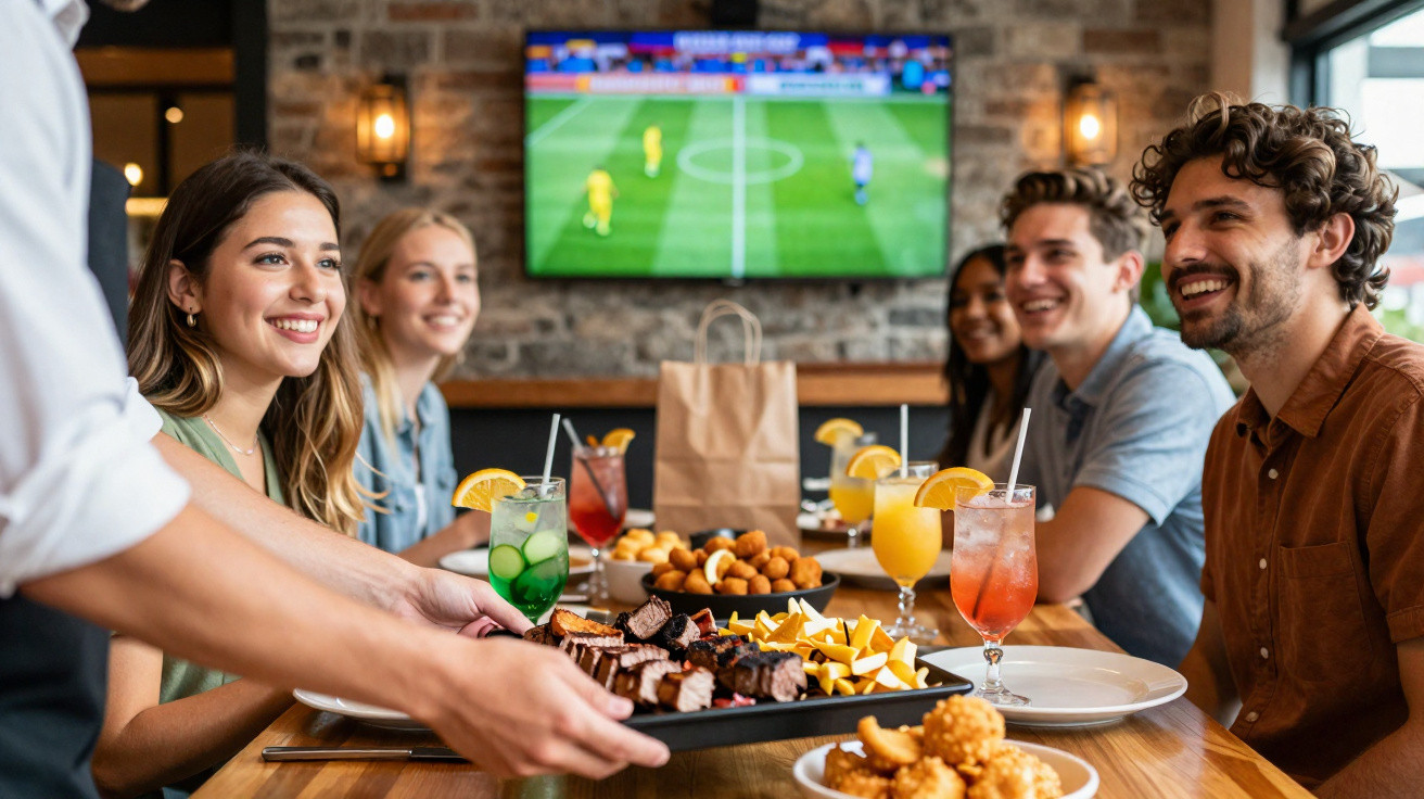 Grupo de amigos sorrindo em restaurante recebendo prato de carnes e petiscos com jogo de futebol na TV.