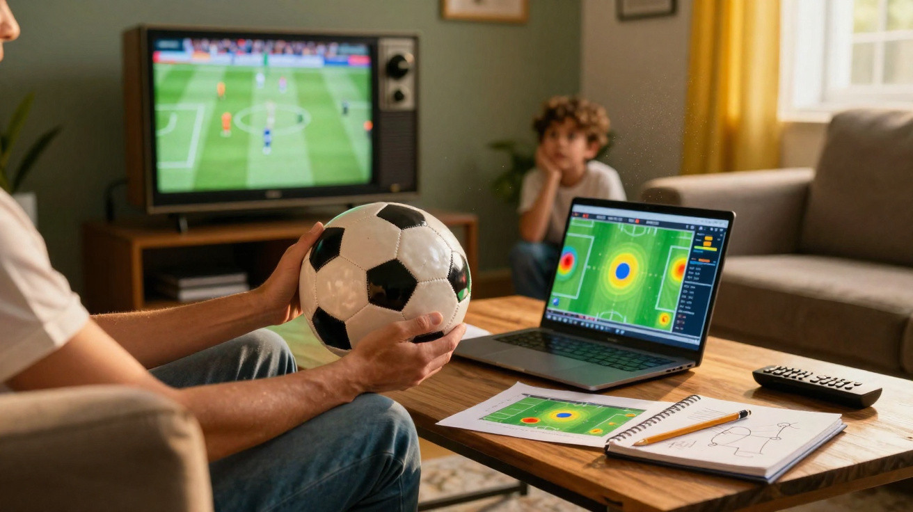 Pessoa segurando bola de futebol, laptop com análise tática e TV exibindo jogo no fundo, criança observando.