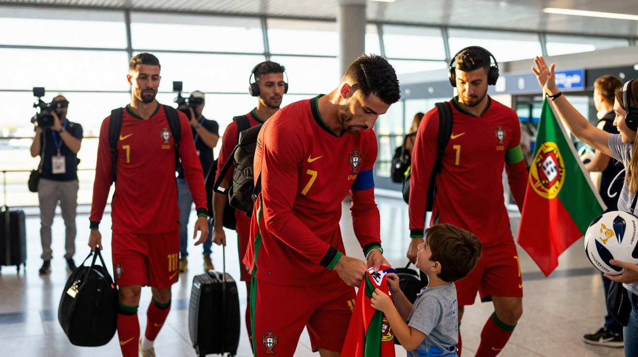 Jogadores da seleção portuguesa assinam camisa para criança em aeroporto, com equipe e bandeira ao fundo.