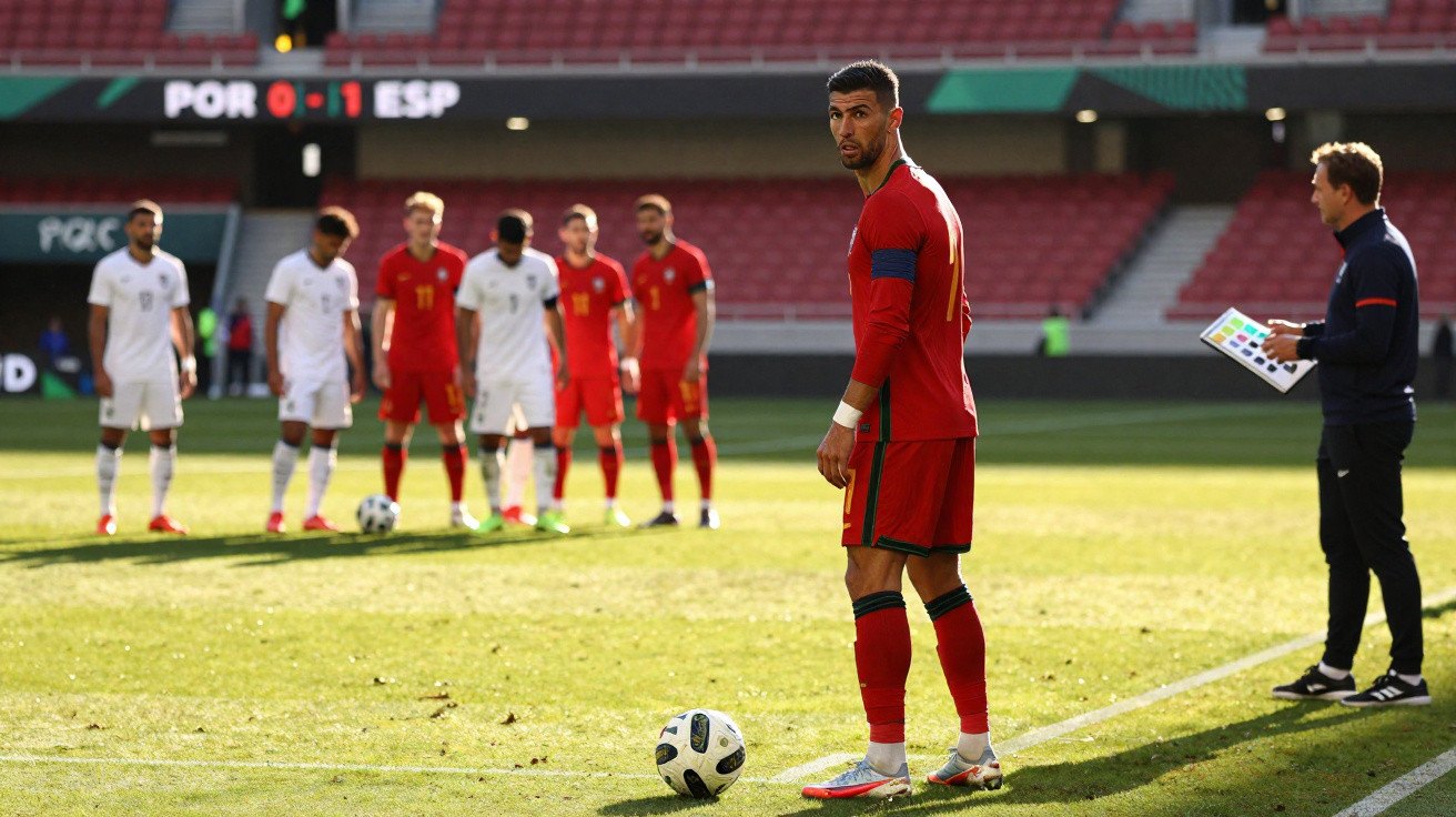 Jogador de futebol com uniforme vermelho se prepara para cobrar falta em jogo entre Portugal e Espanha.