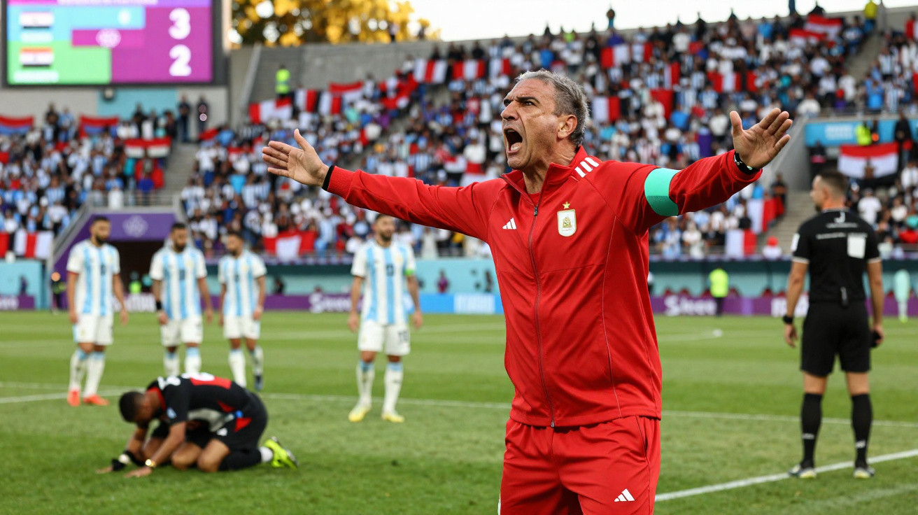 Treinador da equipe argentina gesticulando e gritando durante partida de futebol em estádio cheio.