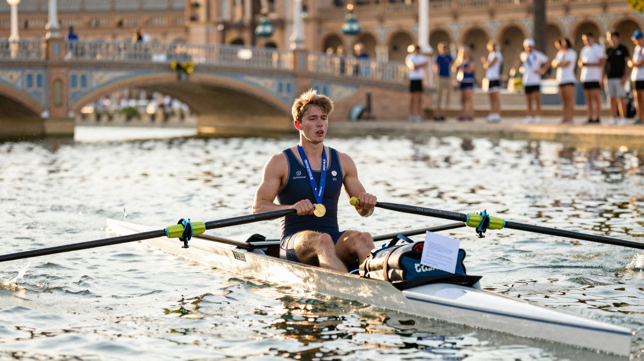 Remador com medalha de ouro em barco único em um lago com multidão ao fundo.