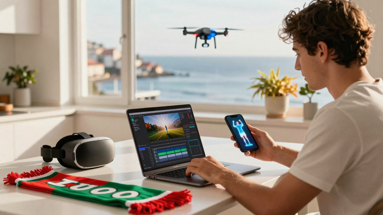 Jovem usando celular e laptop para editar vídeo, com drone voando e óculos de realidade virtual na mesa.