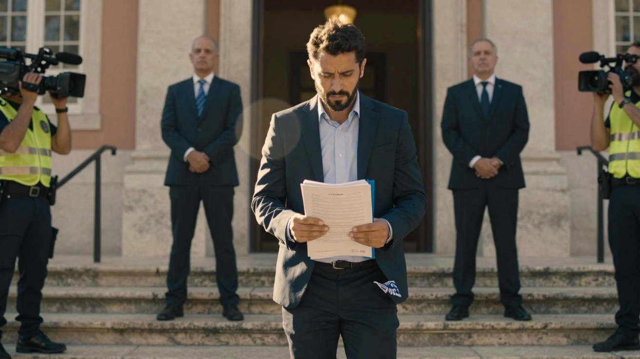 Homem de terno azul lendo documentos em frente a prédio com seguranças e cinegrafistas ao fundo.