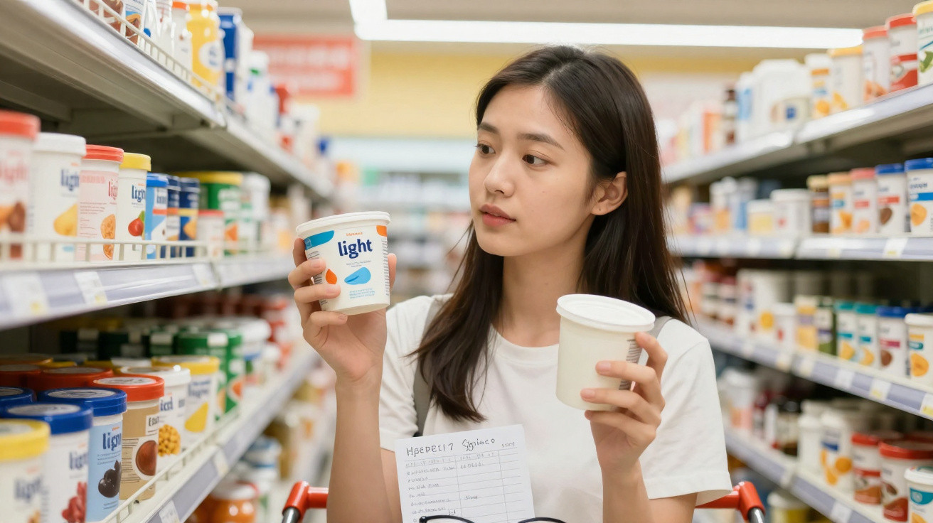 Mulher segurando dois potes de iogurte e comparando-os em corredor de supermercado.