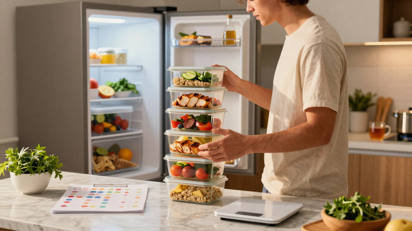 Pessoa organizando potes transparentes com diferentes alimentos saudáveis na cozinha moderna.
