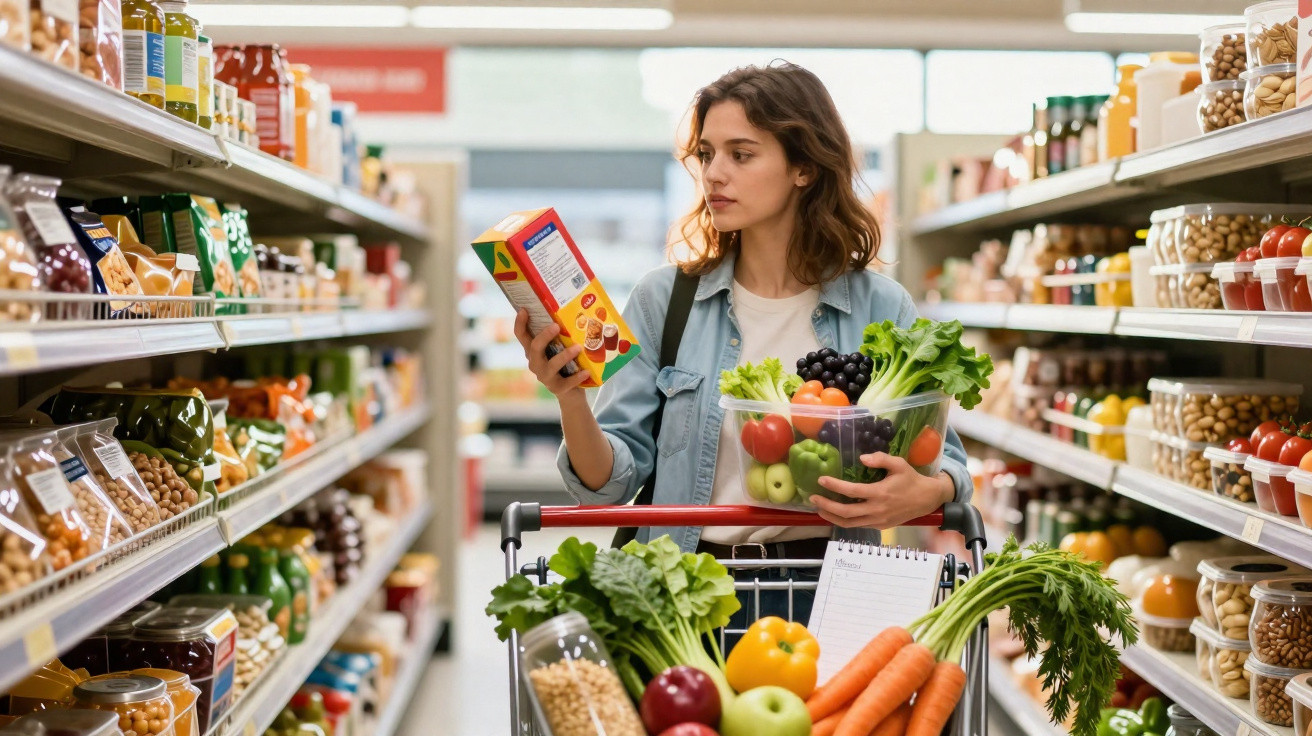 Mulher em supermercado segurando caixa e cesta com frutas e verduras, empurrando carrinho cheio de alimentos.
