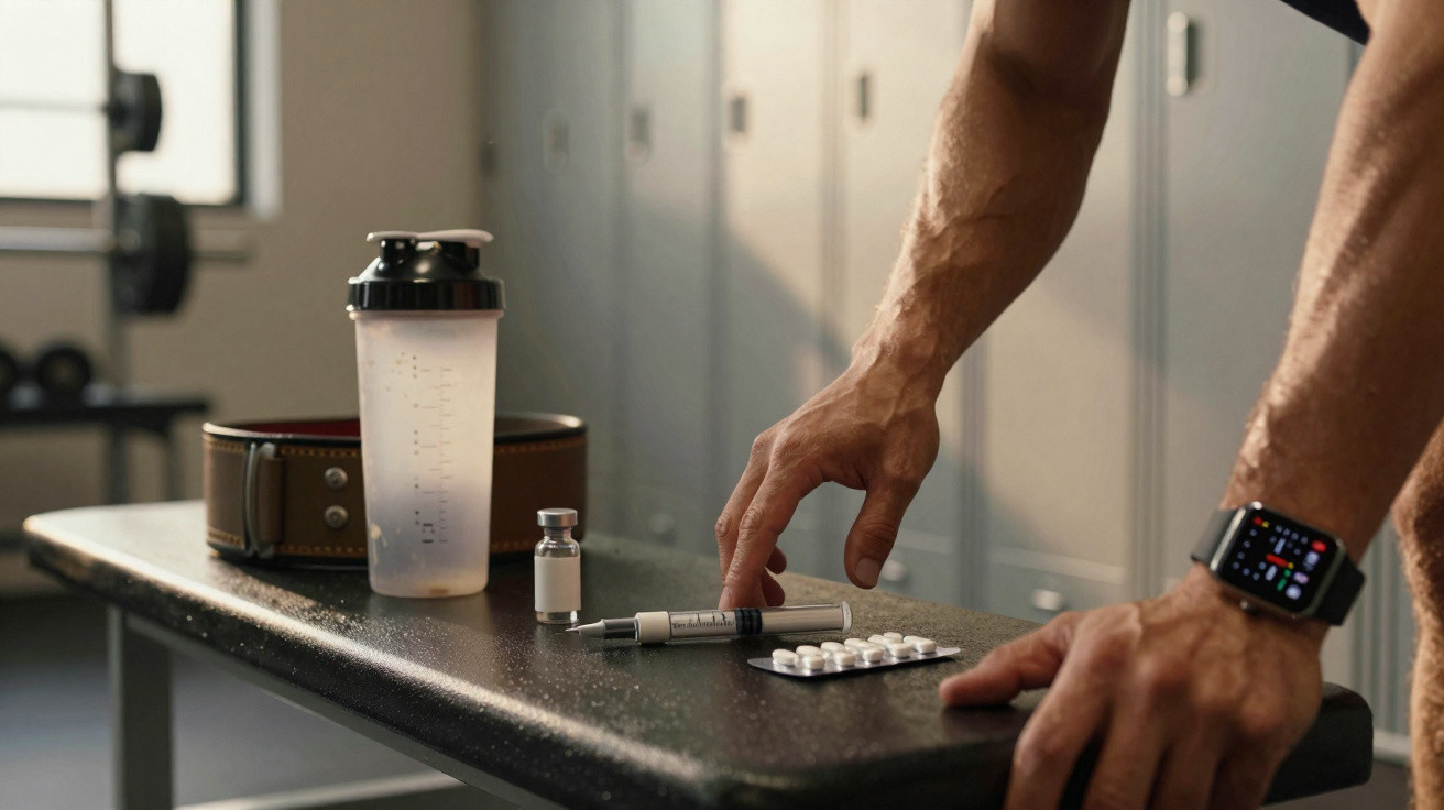Mãos masculinas se apoiam em banco de academia com suplementos, bag, seringa e relógio inteligente.