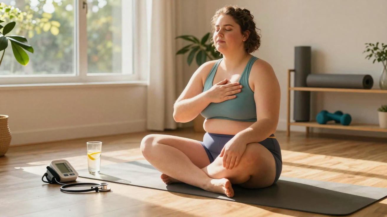 Mulher sentada em posição de meditação, respirando profundamente em ambiente iluminado com equipamentos de saúde.