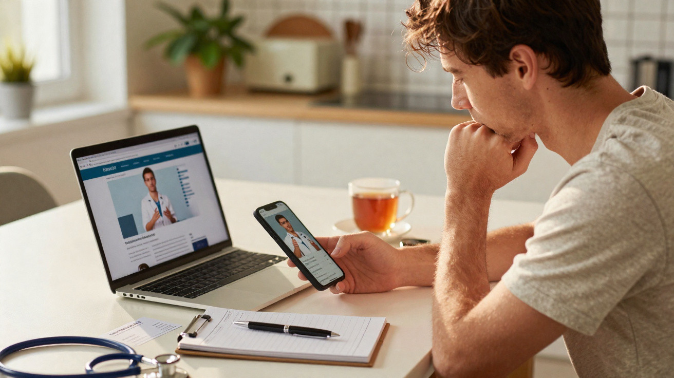 Homem fazendo teleconsulta médica pelo celular e computador na cozinha, com estetoscópio e bloco de notas na mesa.