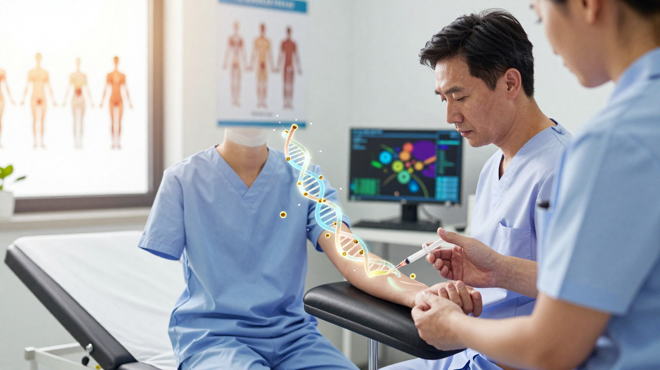 Médico aplica injeção no braço de paciente em clínica com holograma de DNA flutuante entre eles.