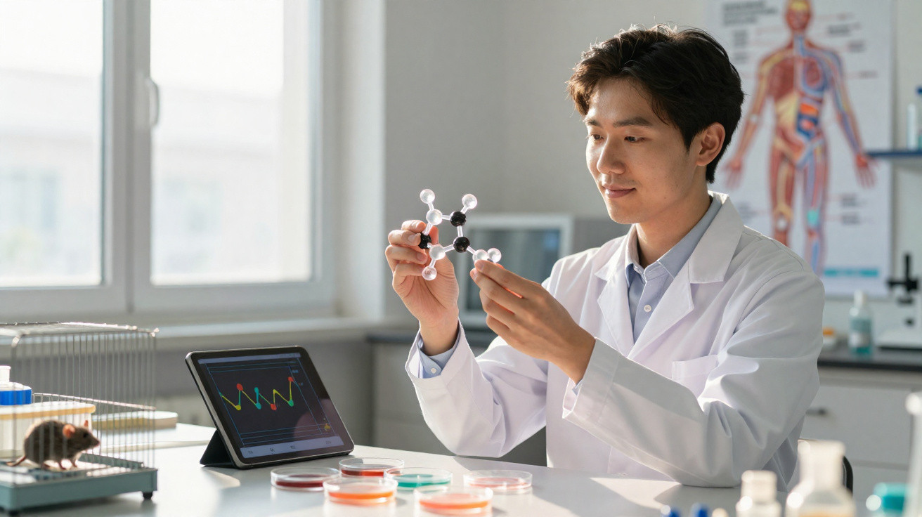 Cientista em jaleco branco analisando modelo molecular em laboratório com petri dishes e tablet ao fundo.
