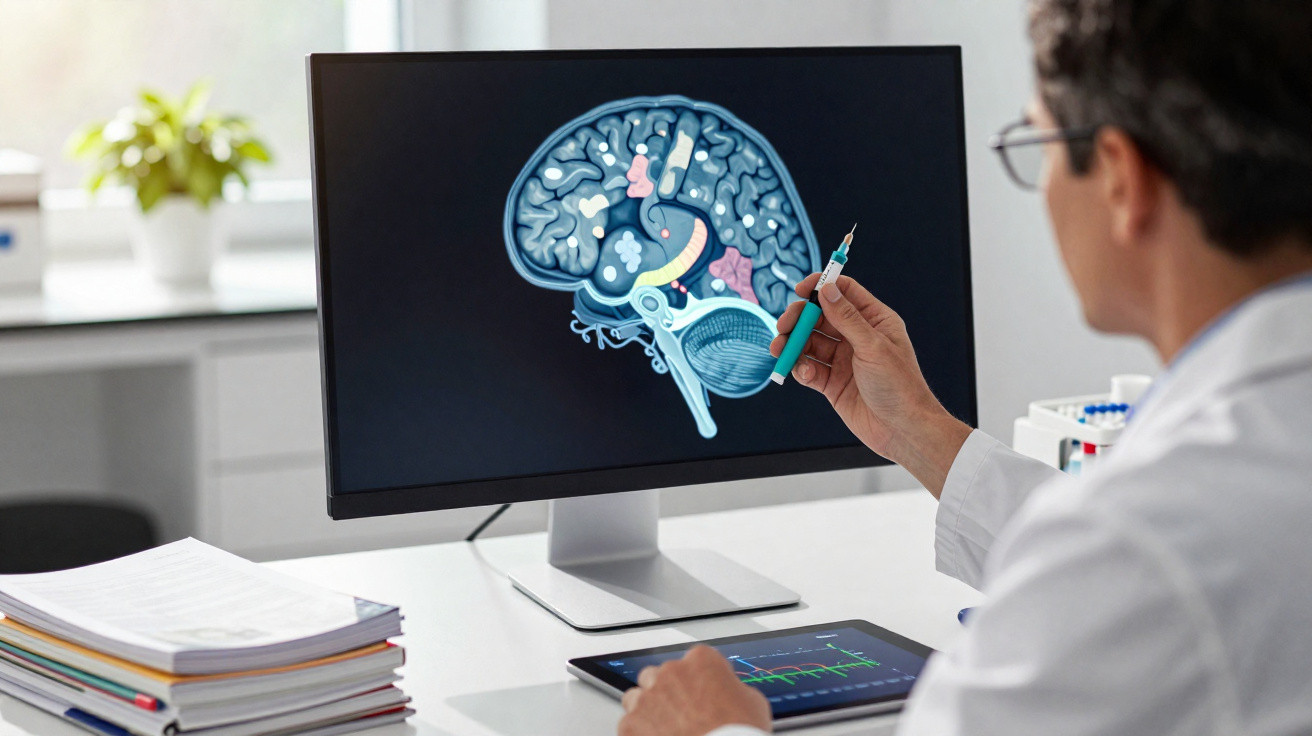 Pessoa analisando imagem digital do cérebro humano em computador no ambiente de consultório médico.