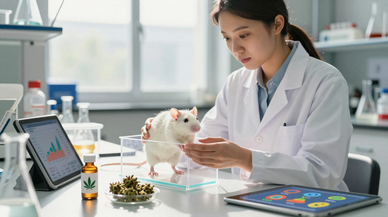 Cientista em laboratório manipulando rato branco em recipiente transparente para pesquisa com cannabis.
