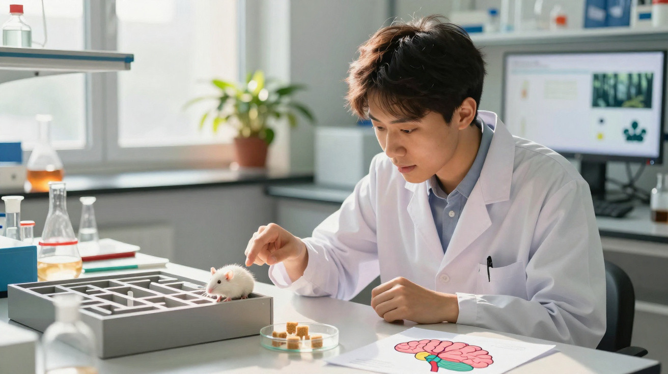 Cientista observa rato branco em laboratório com objeto em formato de labirinto e imagens do cérebro.