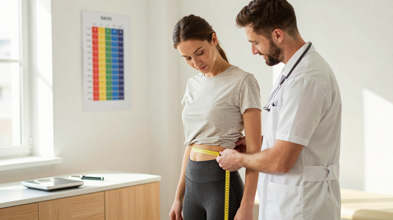 Médico mede a circunferência da cintura de mulher em consulta em ambiente clínico iluminado.
