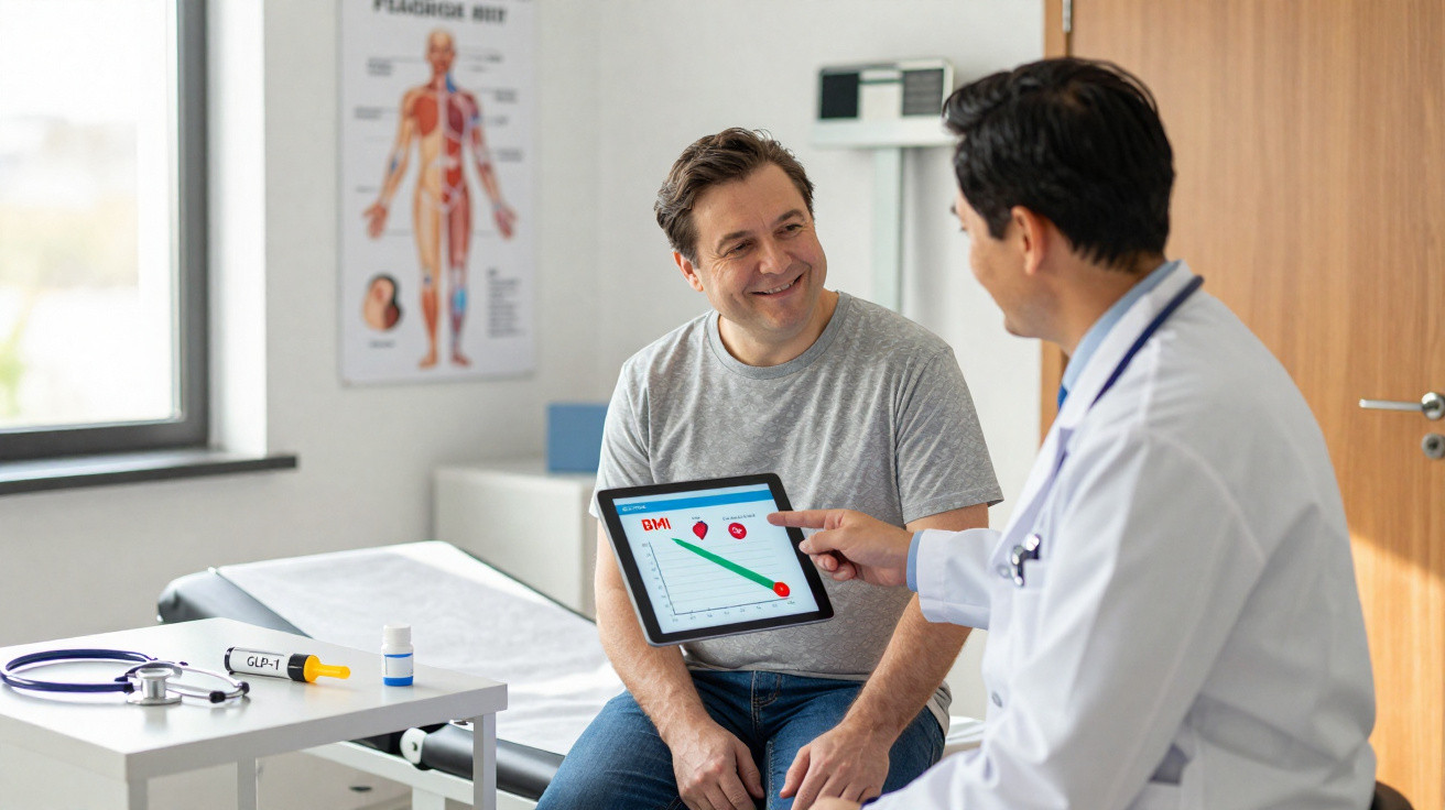 Consulta médica com paciente sorridente recebendo explicação sobre índice de massa corporal no tablet.